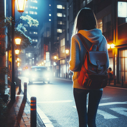 A woman walking through a night street